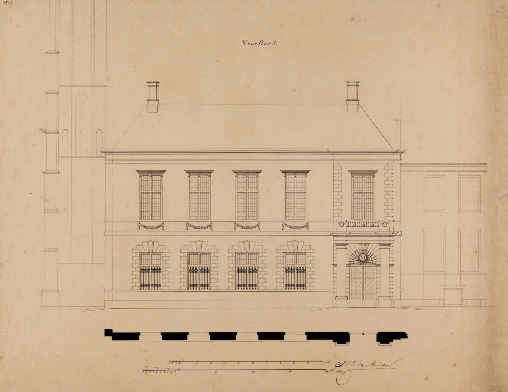 Opstand en plattegrond van de voorgevel voor het te bouwen Leesmuseum aan het Munsterkerkhof (Domplein) te Utrecht, volgens het derde, niet-uitgevoerde verbouwingsplan in renaissance-stijl.
