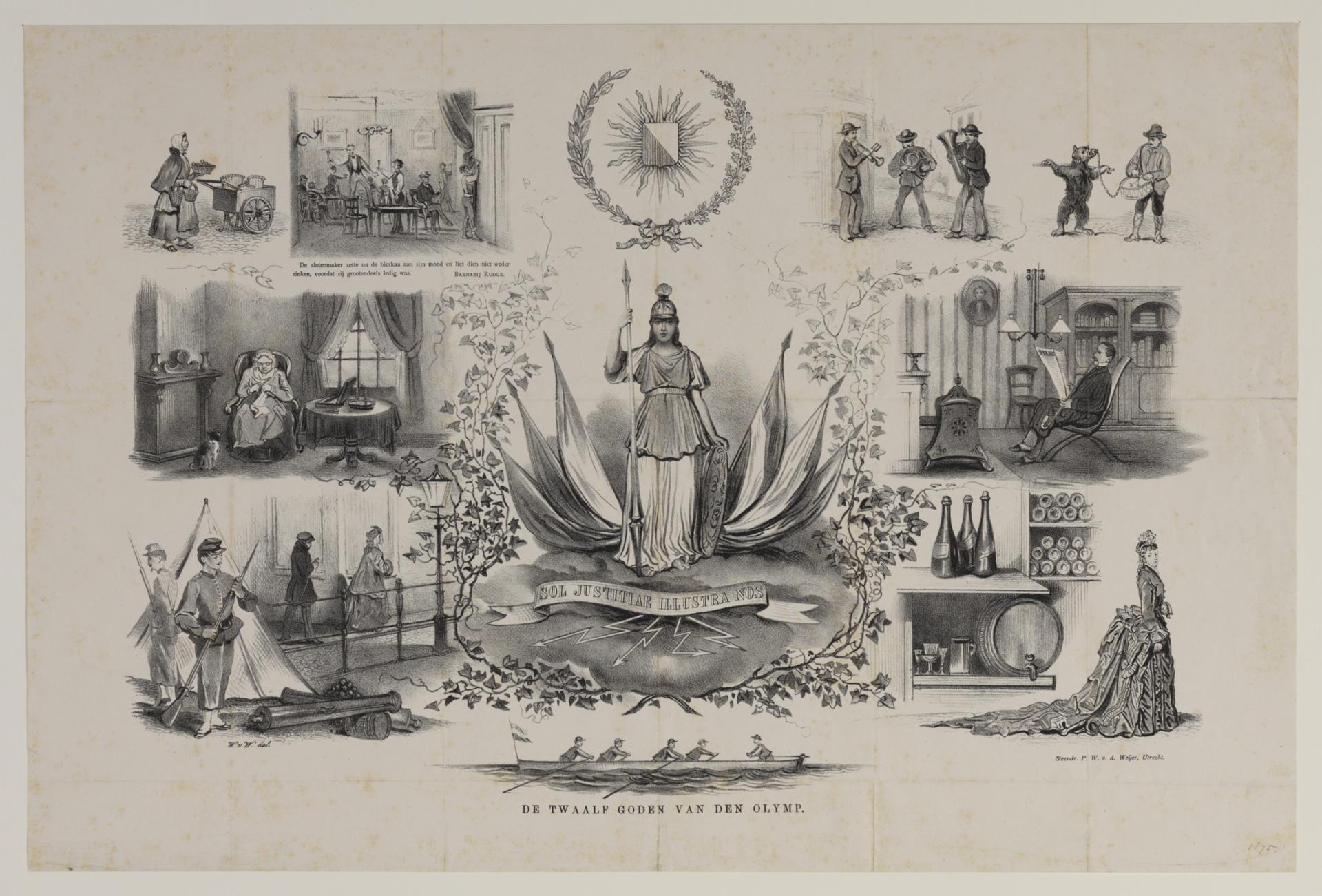 Afbeelding van twaalf tafrelen uit het Utrechtse studentenleven, 1875.