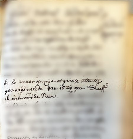 Fragment uit aantekeningenboek van Loten over Sitie: “waar op mij met groote attentie gevraagd wierde dan is zij geen slaaff? ik antwoordde neen”<br />
