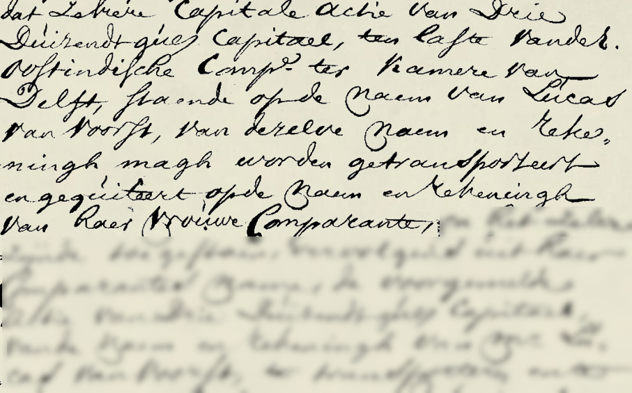 Hier staat beschreven dat het VOC-aandeel van Lucas van Voorst, ter waarde van f3.000, van Justina zal worden: “dat zelvere capitale actie van drie duizendt guldens capitael, ten laste van der Oostindische Comp. ter kamere van Delft, staende op de naem van Lucas van Voorst, van dezelve naem en rekeningh magh worden getransporteert en gequiteert op de naem en rekeningh van haer Vrouwe Comparante [Justina de Moor]”. <br />

