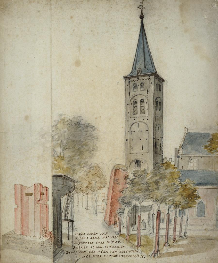 De tekening laat de enig overgebleven toren zien voordat deze in 1681 werd afgebroken.