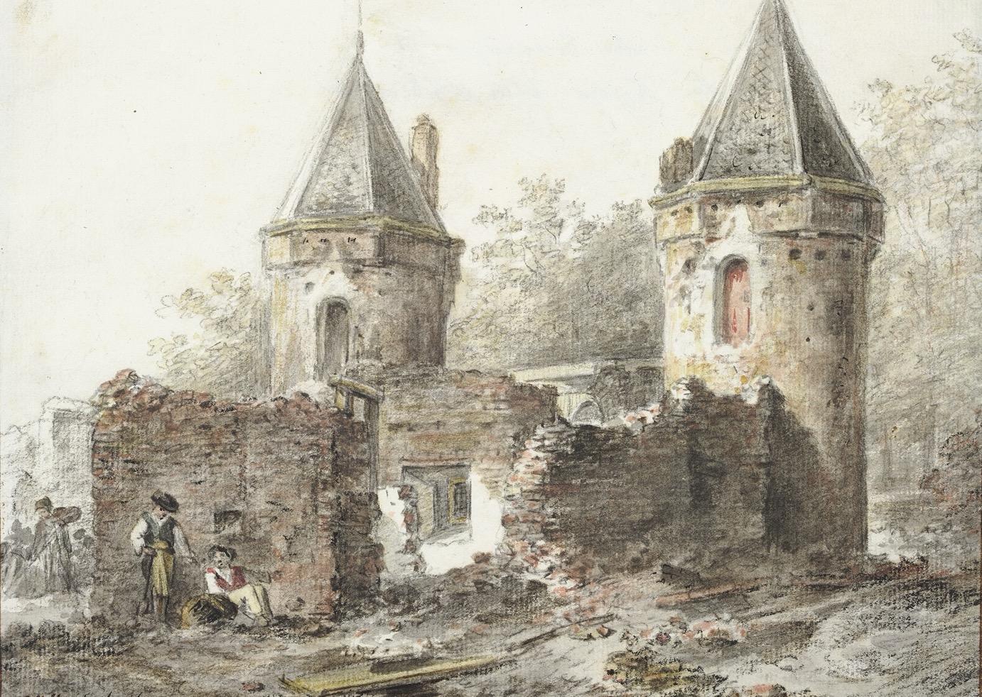 Weerdpoort te Utrecht tijdens de afbraak van de hoofdpoort, uit het zuidoosten.