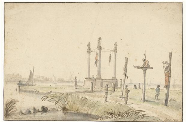 Galgenveld Volewijck in Amsterdam, 1664, tekenaar Anthonie van Borssom. 