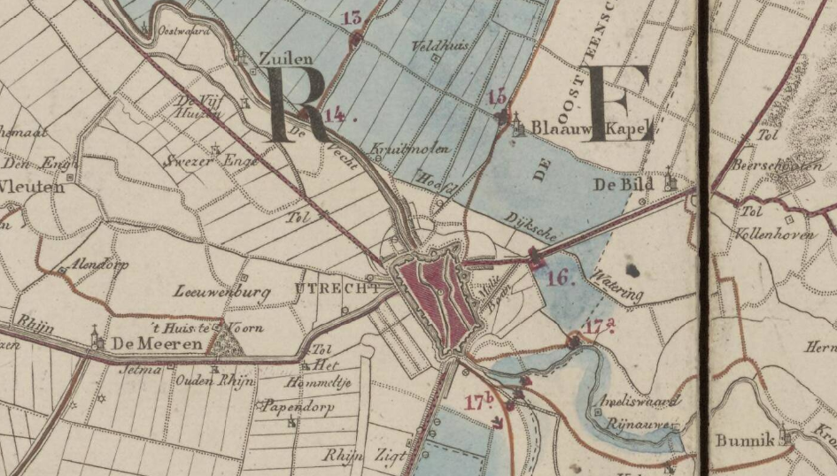 Uitsnede van Utrecht op een kaart van de Nieuwe Hollandse Waterlinie tussen de Bakkerskil en de Zuiderzee.