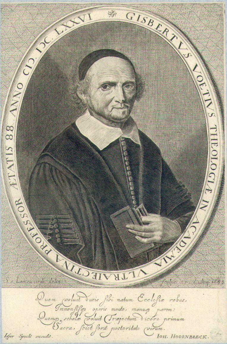Portret van Gijsbert Voet, geboren 1589, hoogleraar in de theologie aan de Utrechtse hogeschool (1634-1676), overleden 1676. Te halve lijve rechts, in toga, een boek in de linkerhand, in ovaal.