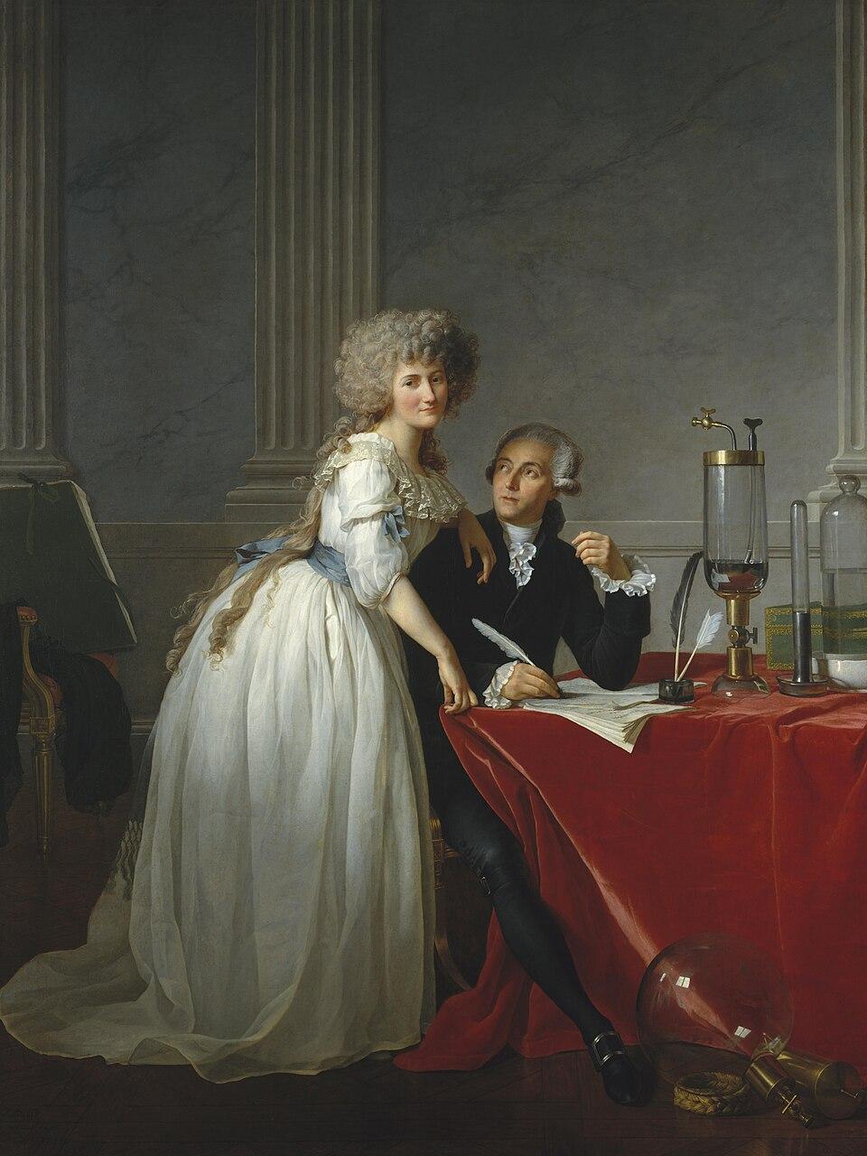 Lavoisier en zijn vrouw, chemiste Marie-Anne Pierrette Paulze, in 1788. Door schilder Jacques-Louis David.