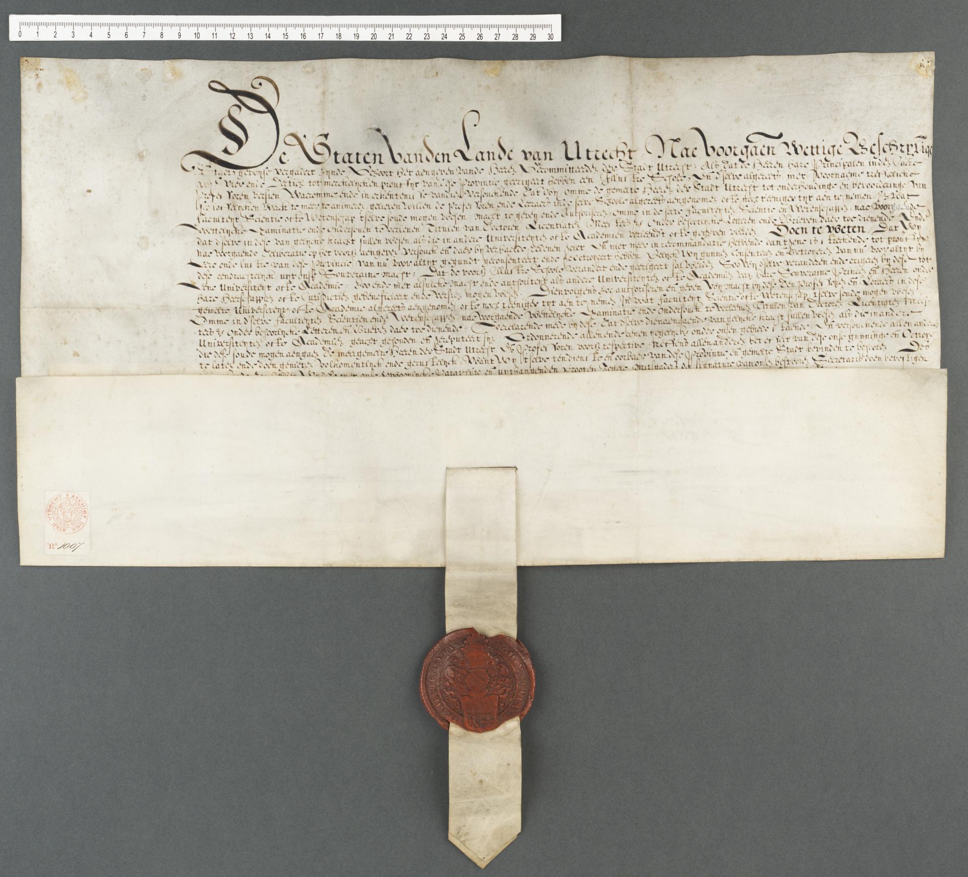 Octrooi van de Staten van Utrecht ten behoeve der stad Utrecht, waarbij de Illustre school geërigeerd wordt tot eene universiteit, 1636 febr. 16