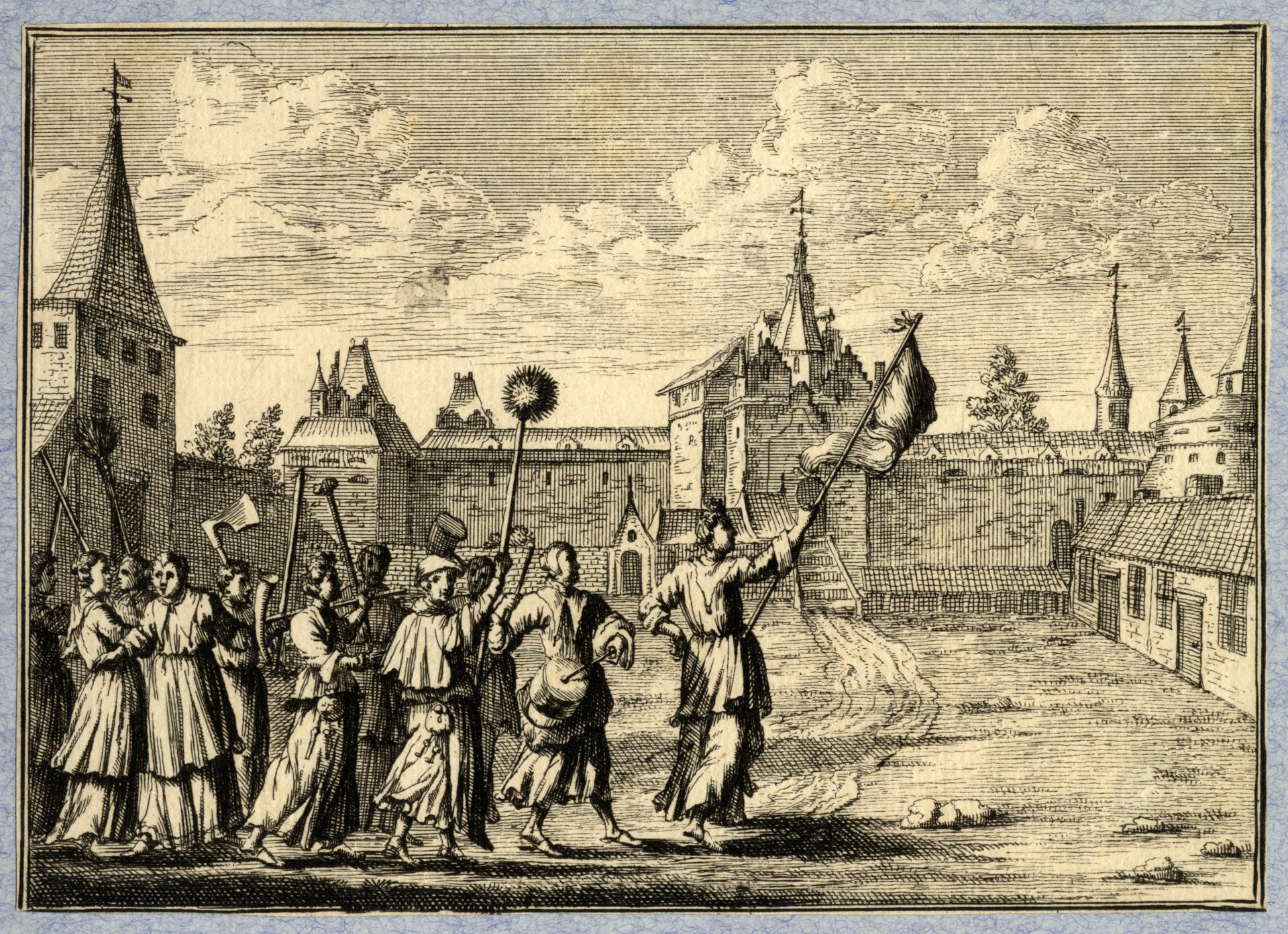 Een stoet gewapende vrouwen, aangevoerd door van Trijn van Leemput, op weg om het kasteel Vredenburg te Utrecht af te breken.