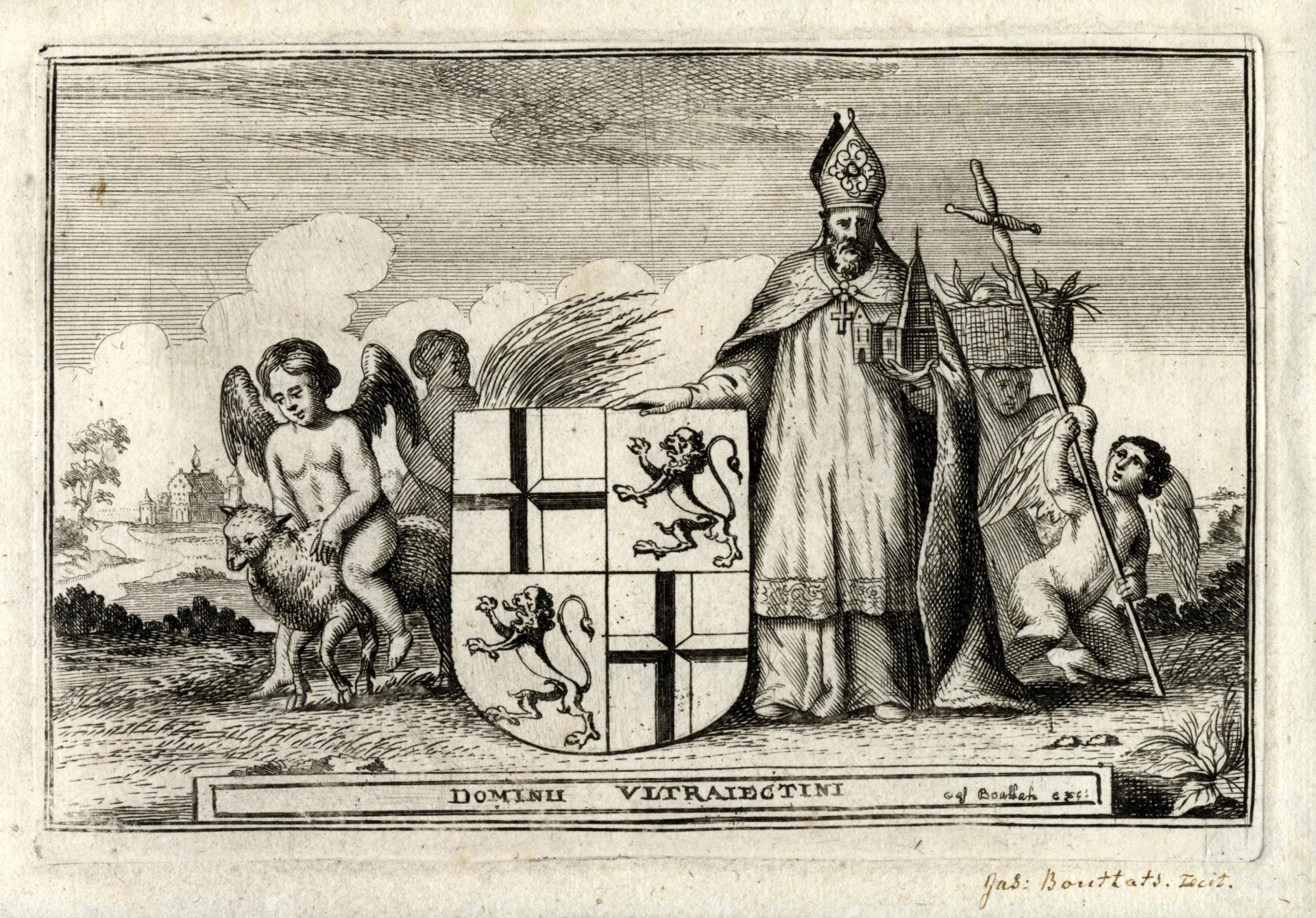 Het wapen van de provincie Utrecht, vastgehouden door een bisschop, omringd door spelende engeltjes.