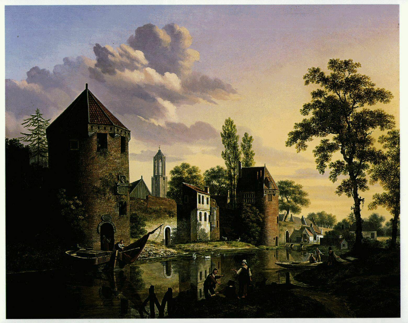 Verheijen, J.H., tekenaar. Enigszins gefantaseerd gezicht vanaf de singel over de stadsbuitengracht op de wal te Utrecht uit het noordoosten, met links de toren de Vos, rechts de toren de Beer, in het midden een gefantaseerd gebouwtje ongeveer op de plaats van het waterpoortje boven de uitmonding van de Plompetorengracht en rechts op de achtergrond het Begijnenenbolwerk en het Begijnenwaterpoortje in de stadsmuur.