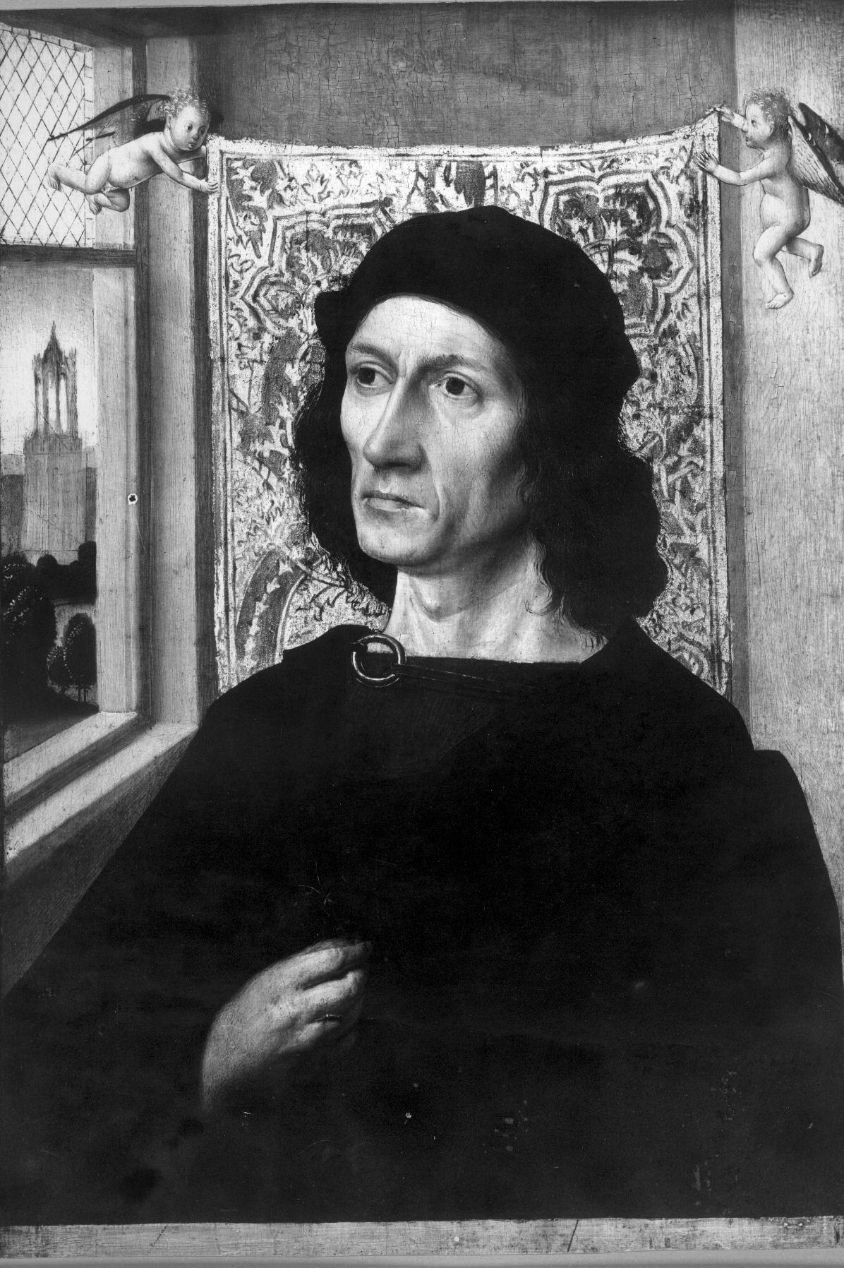 Afbeelding van een schilderij met het portret van een geestelijke, waarop links door een geopend venster de Domtoren te Utrecht is te herkennen. Fotoreproductie van een schilderij van de meester van het altaar van St. Bartholomeus uit ca. 1500.