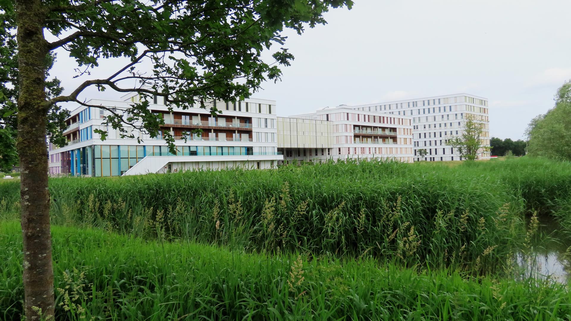 Goosen, D.C., fotograaf. Gezicht op de achterzijde van het prinses máxima centrum voor kinderoncologie (Heidelberglaan 25) op het Utrecht Science Park, vanaf de Hoofddijk.