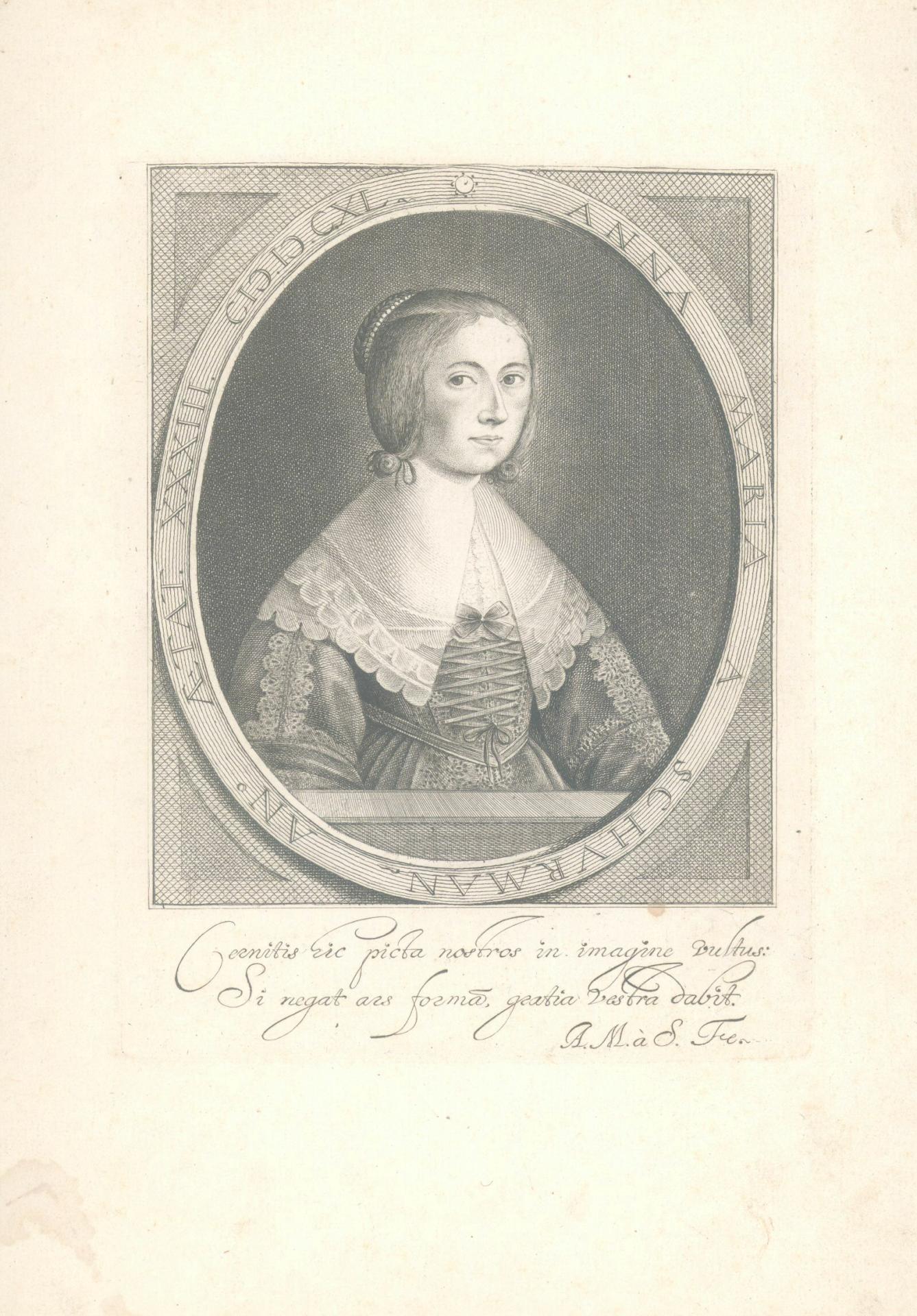 Portret van Anna Maria van Schurman, geboren Keulen 5 november 1607, schrijfster en dichteres te Utrecht, overleden Wiewerd 5 mei 1678. Borstbeeld links, in ovaal. Anonieme prent (kopergravure), 17de eeuw, naar de situatie van 1640. Met een 2-regelig onderschrift van Anna Maria van Schurman.