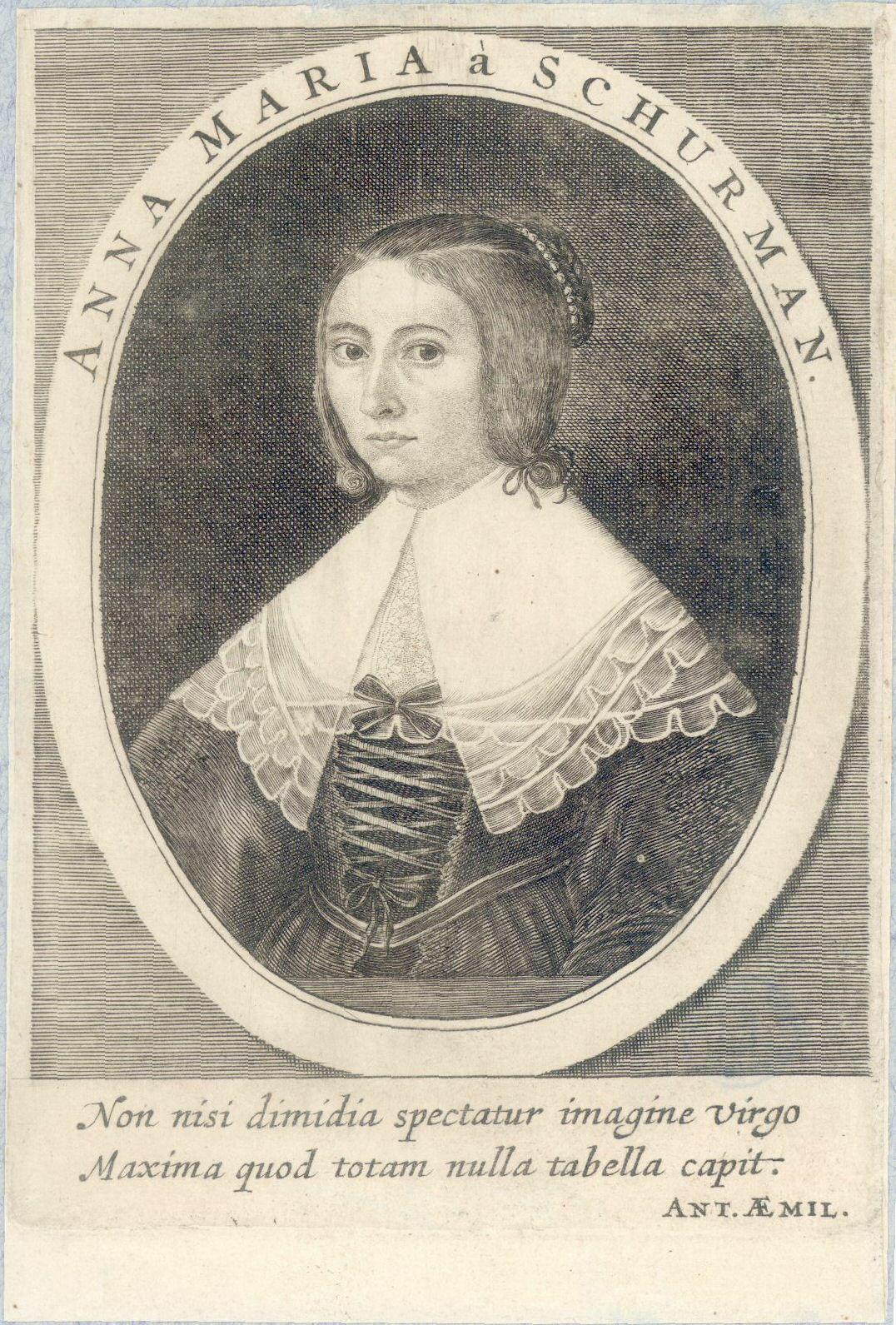 Portret van Anna Maria van Schurman, geboren Keulen 5 november 1607, schrijfster en dichteres te Utrecht, overleden Wiewerd 5 mei 1678. Borstbeeld links, in ovaal. Anoniem prentje (kopergravure), 17de eeuw, naar de situatie van 1640, afkomstig uit: A.M. à Schurman, Opuscula Hebraea, etc. Met een 2-regelig onderschrift van Antonius Aemilius.