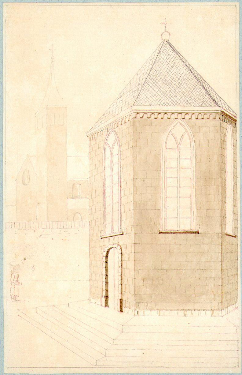 Yvoy, M.L.M. d&#039;, tekenaar. Tekening van M.L.M. d&#039;Yvoy uit ca. 1840 naar een situatie uit de 16de eeuw. Gezicht op de Palmietentempel bij het Janskerkhof te Utrecht uit het zuiden, met op de achtergrond het westelijke gedeelte van de Janskerk achter de immuniteitsmuur.