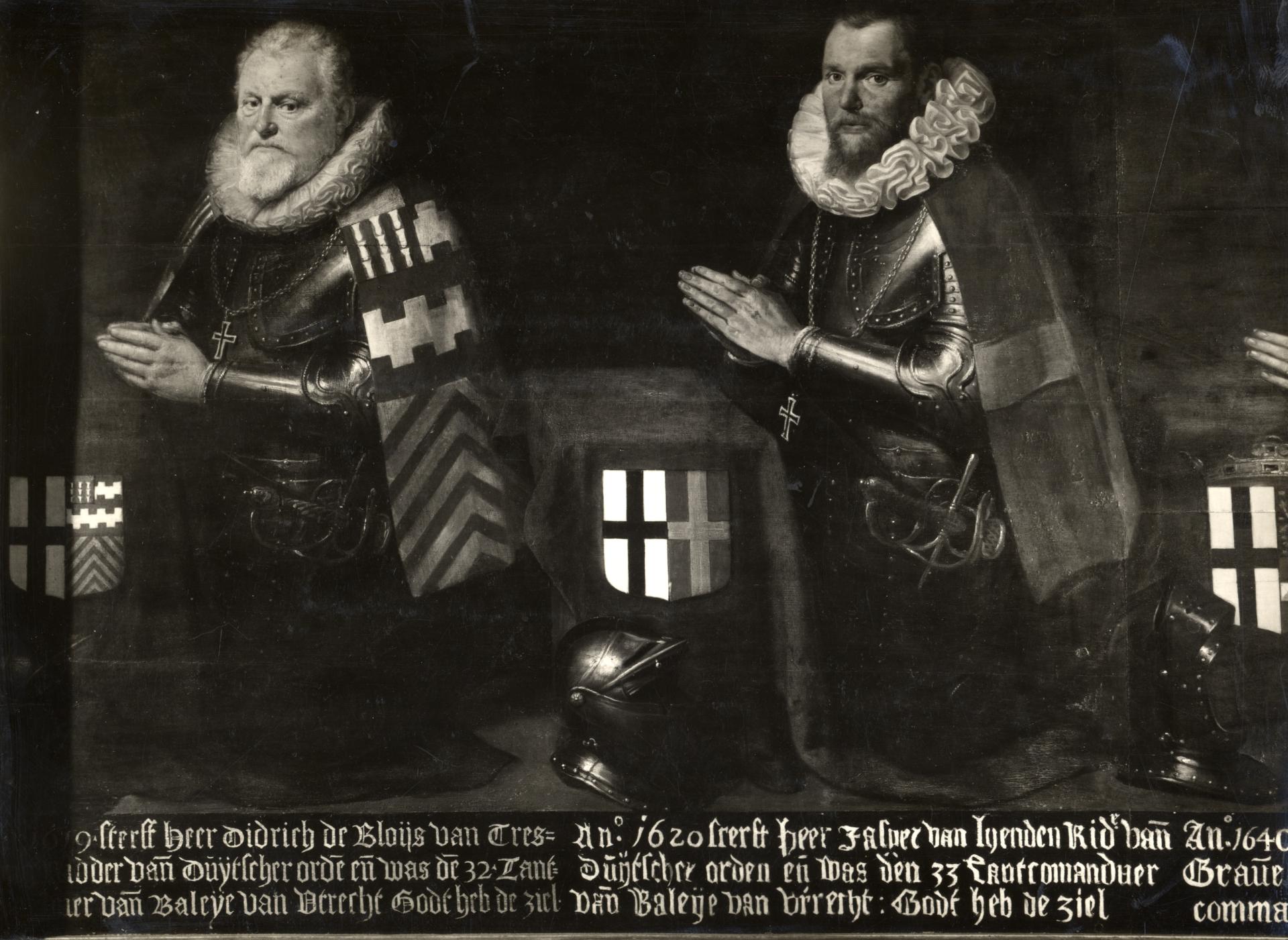 Moreelse, P., schilder. Portret van Diederik Bloys van Treslong, landcommandeur van de Duitse Orde Balije van Utrecht (1612-1619), overleden 1619. Ten voeten uit links, geknield, in harnas. met links zijn wapen en rechts naast hem de landcommandeur Jasper van Lynden.