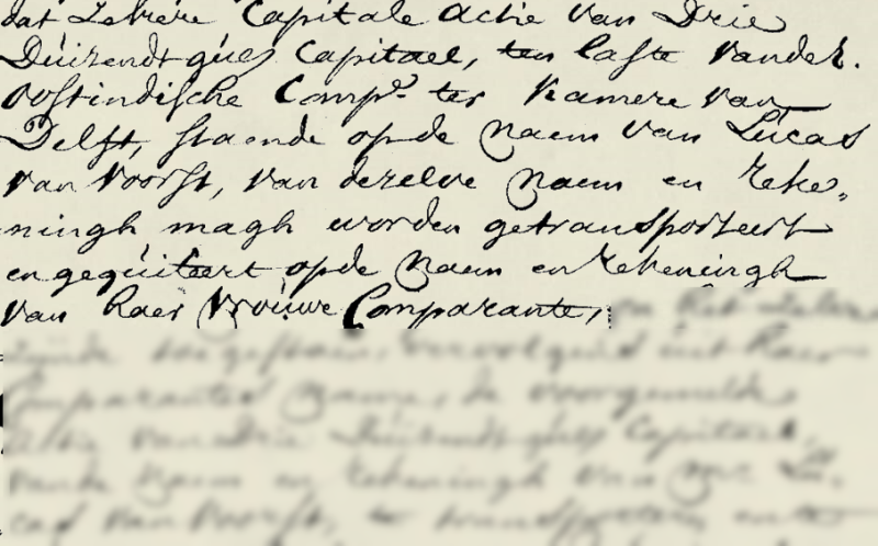 Hier staat beschreven dat het VOC-aandeel van Lucas van Voorst, ter waarde van f3.000, van Justina zal worden: “dat zelvere capitale actie van drie duizendt guldens capitael, ten laste van der Oostindische Comp. ter kamere van Delft, staende op de naem van Lucas van Voorst, van dezelve naem en rekeningh magh worden getransporteert en gequiteert op de naem en rekeningh van haer Vrouwe Comparante [Justina de Moor]”. <br />
