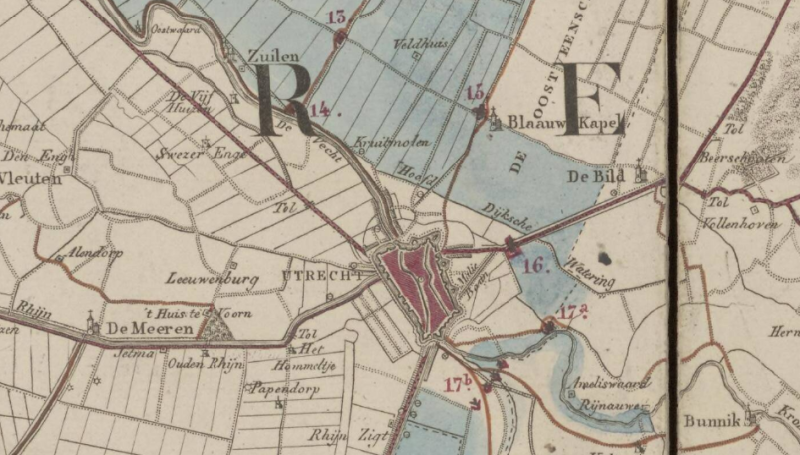Uitsnede van Utrecht op een kaart van de Nieuwe Hollandse Waterlinie tussen de Bakkerskil en de Zuiderzee.